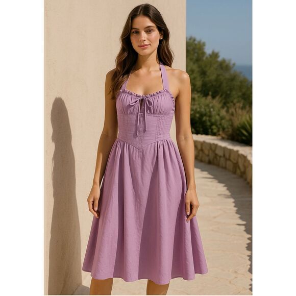 Line & Dot Purple Halter Midi Dress Smocked Bodice Open Back Size S NWOT - Picture 1 of 4